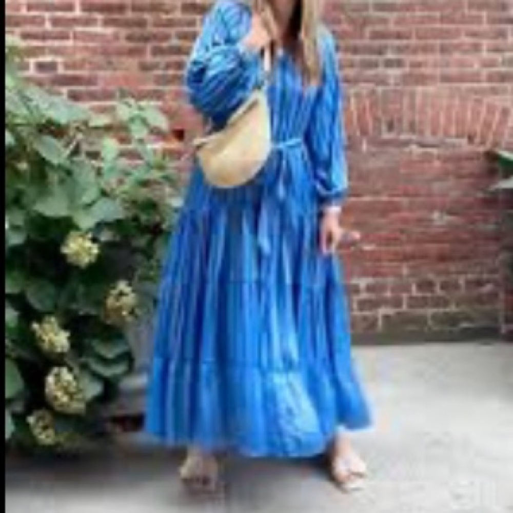 Printfresh Tiered Maxi Dress Size L Belted Blue Striped Long Sleeves Clowncore - Picture 11 of 11